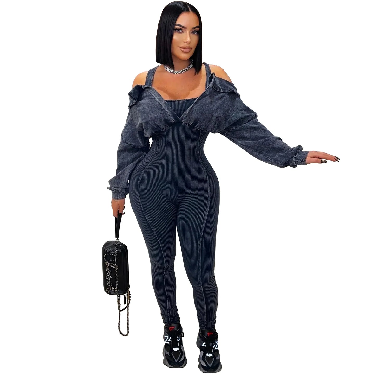CM.YAYA Fashion Women Knit Ribbed Long Sleeve Moto Biker Jumpsuits Strap Autumn Washed Streetwear Slim One Piece Suit Romper