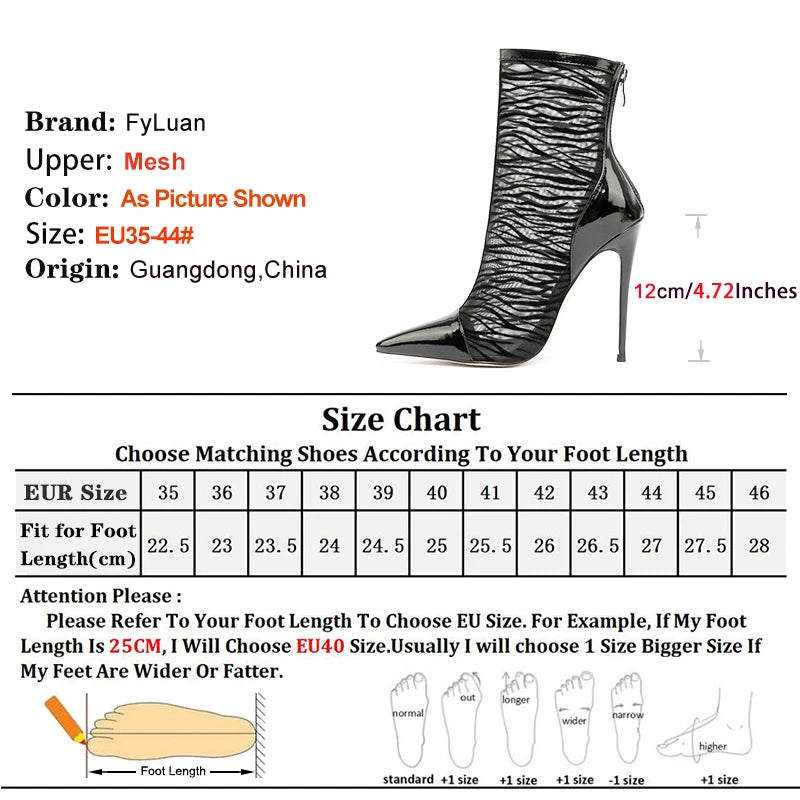 Elegant Black Mesh Stiletto Ankle Boots With Pointy Toe Rear Zipper For Women