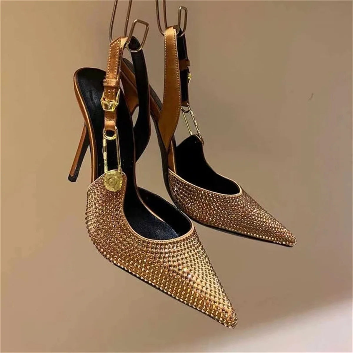Sexy Pointed Toe Slingabck Rhinestone Sandals Lady Leather Luxury Dress Stiletto High Heel Pumps Women Shoes Metal Buckle