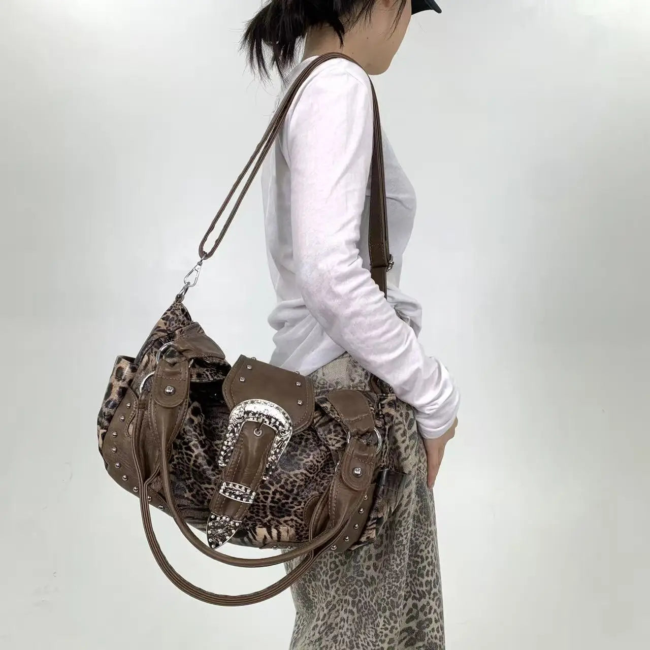 Leopard Print Patchwork Tote Bag with Pockets for Women