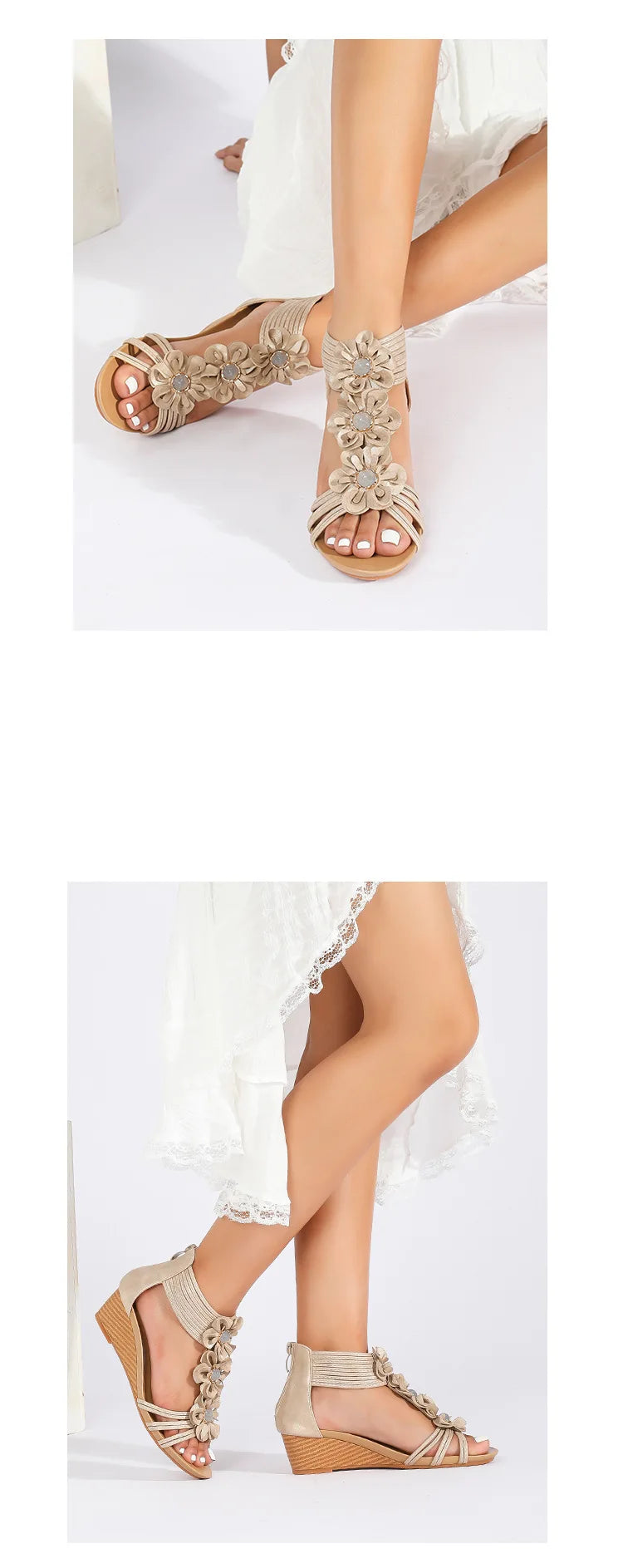 Bohemian Floral Vintage Leather Wedge Sandals for Women