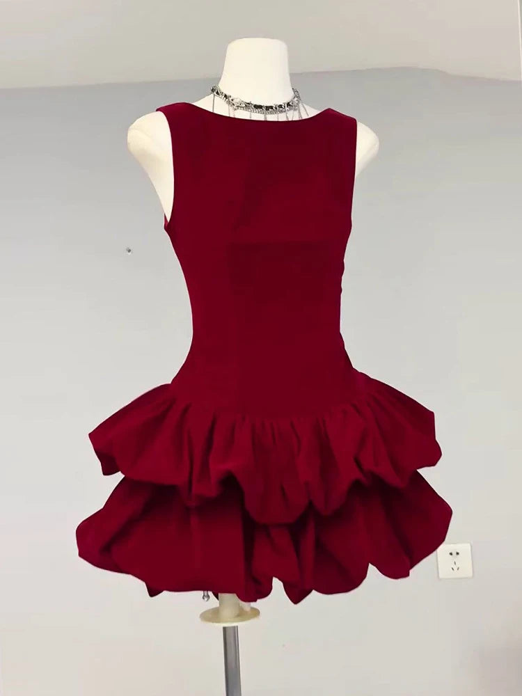 Elegant Red Velvet Sleeveless Evening Dress for Women