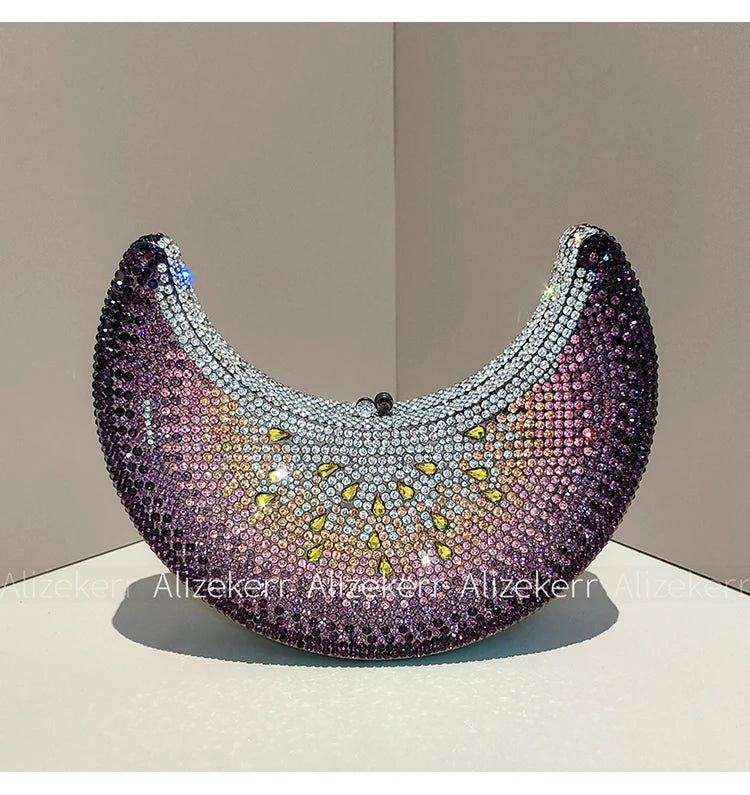 Moon Shaped Diamond Evening Bag with Watermelon Rhinestones for Women