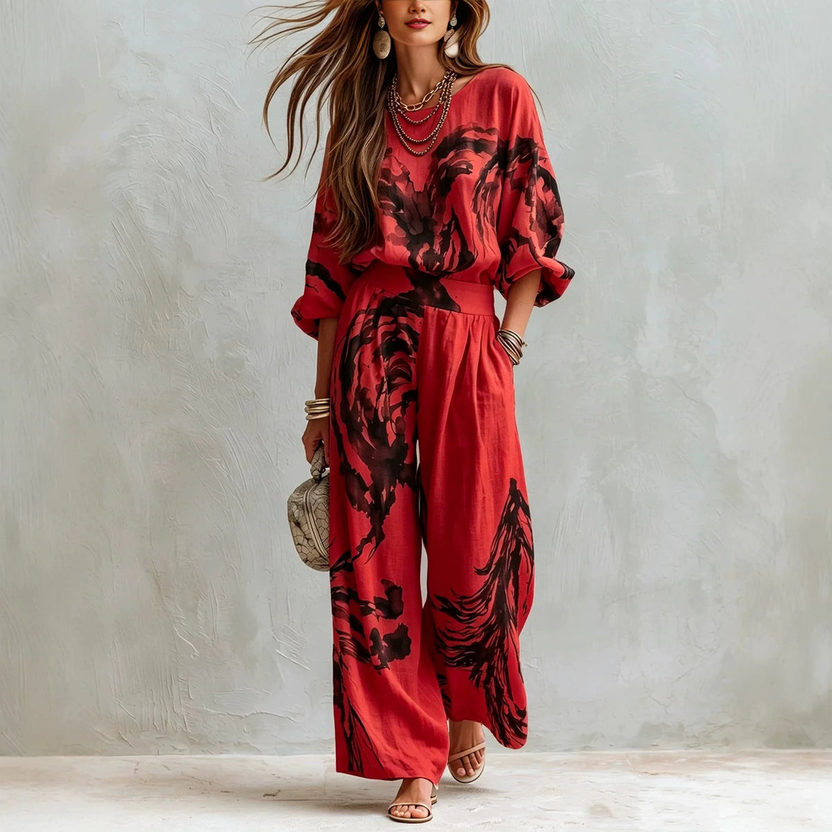 Casual Retro Printed Two Piece Pants Set for Women