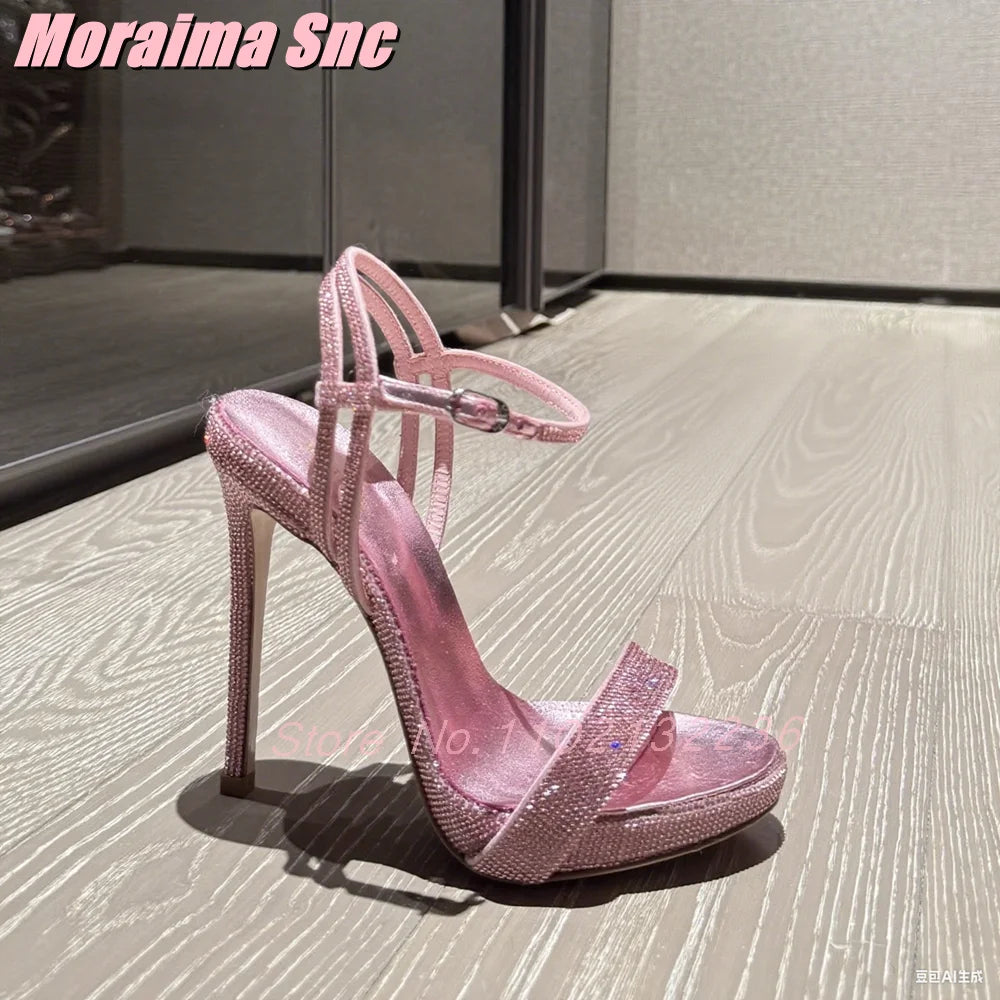 Elegant Pink Crystal Stiletto Sandals With Ankle Strap For Women