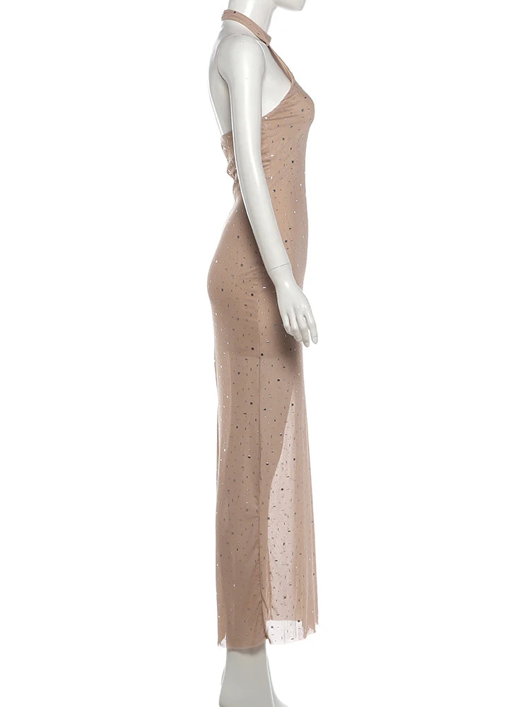 Shimmer Sequin Applique Halter Party Gown for Women