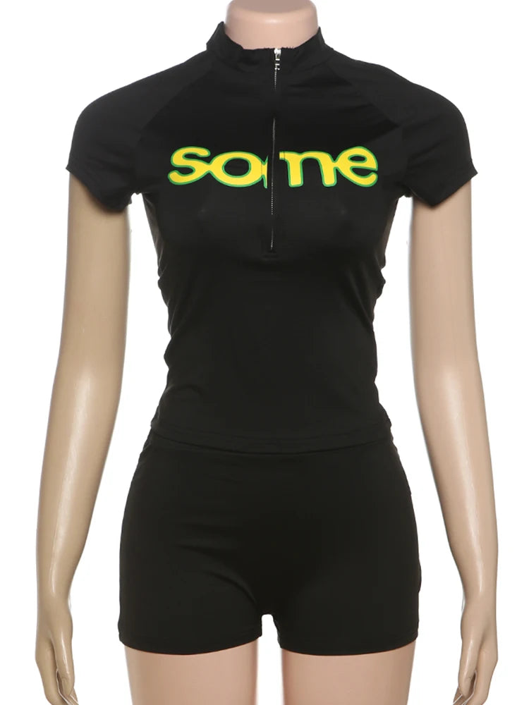 Cutenew Letter Print Sporty Women 2 Piece Set Summer Casual Short Sleeve Zip Up Tees+Solid Slim Shorts Female Daily Tracksuits