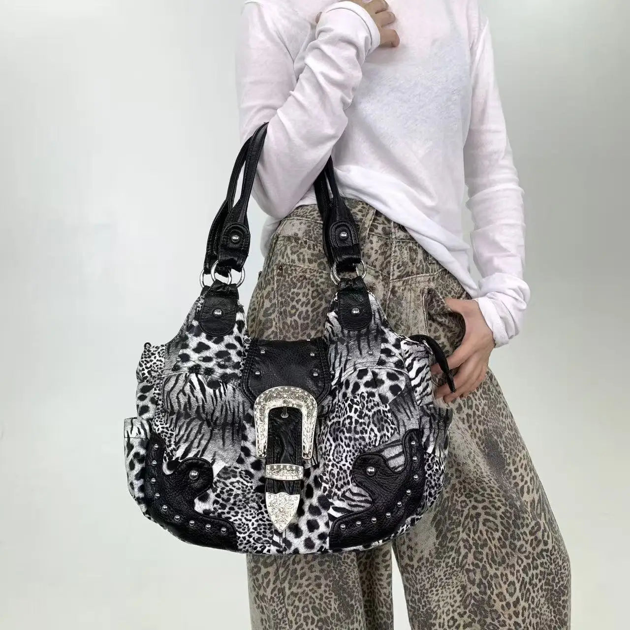 Leopard Print Patchwork Tote Bag with Pockets for Women