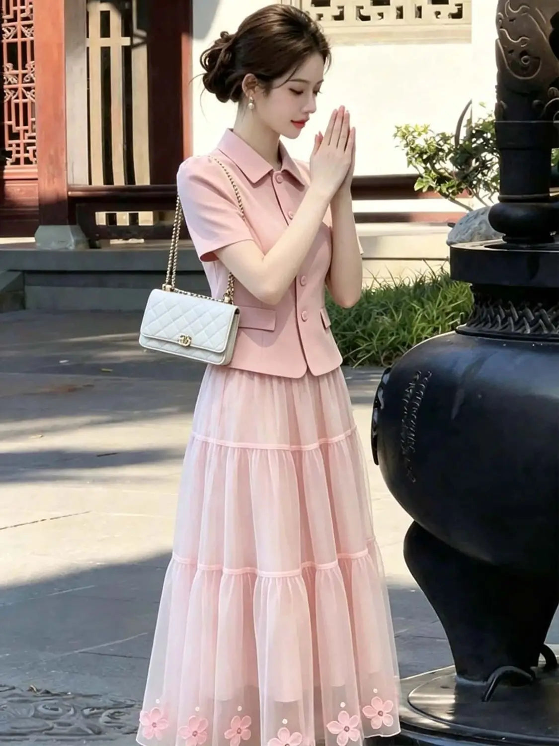 Elegant Pink Two Piece Blazer and Skirt Set for Women