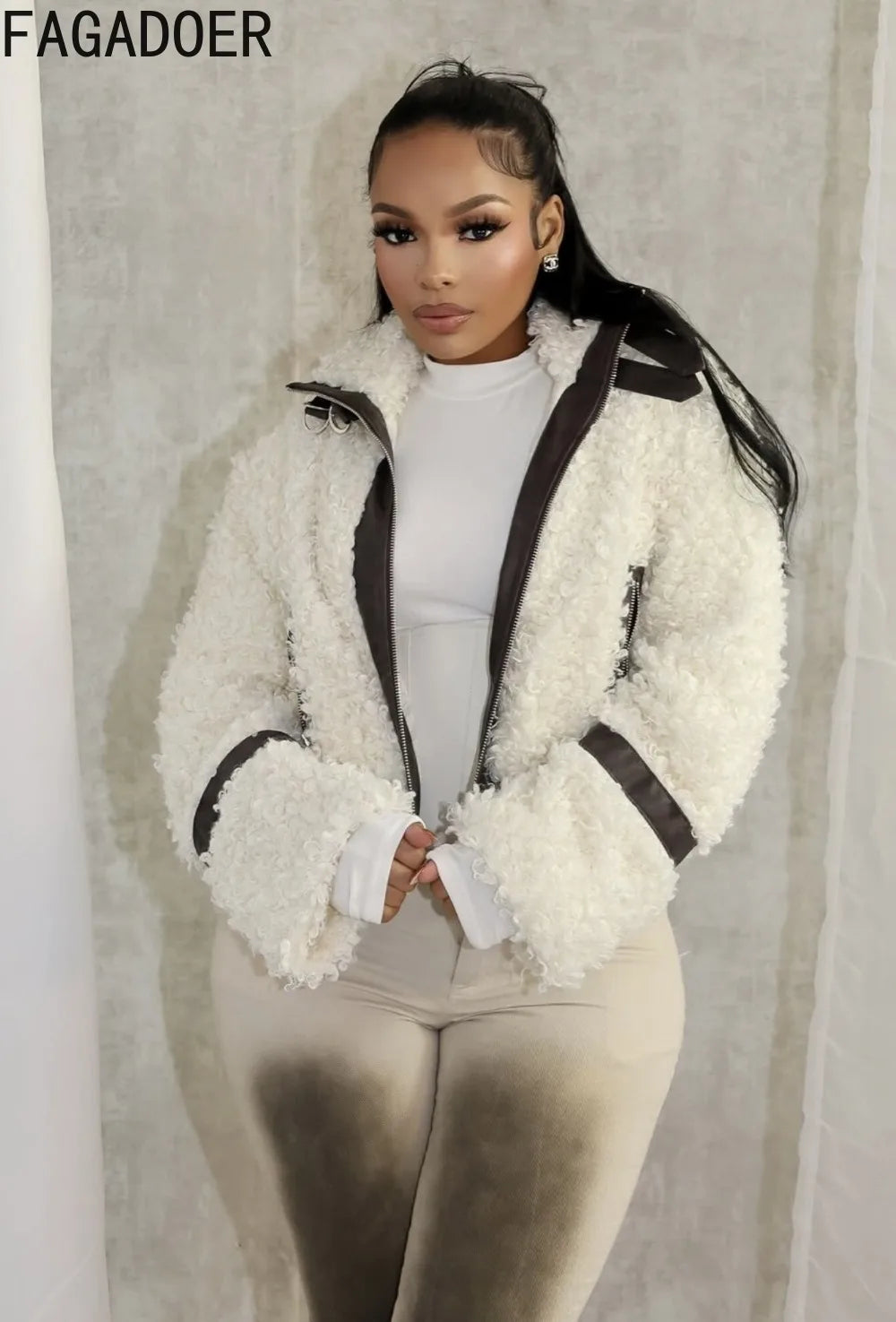 Winter Faux Fur Patchwork Leather Jacket for Women
