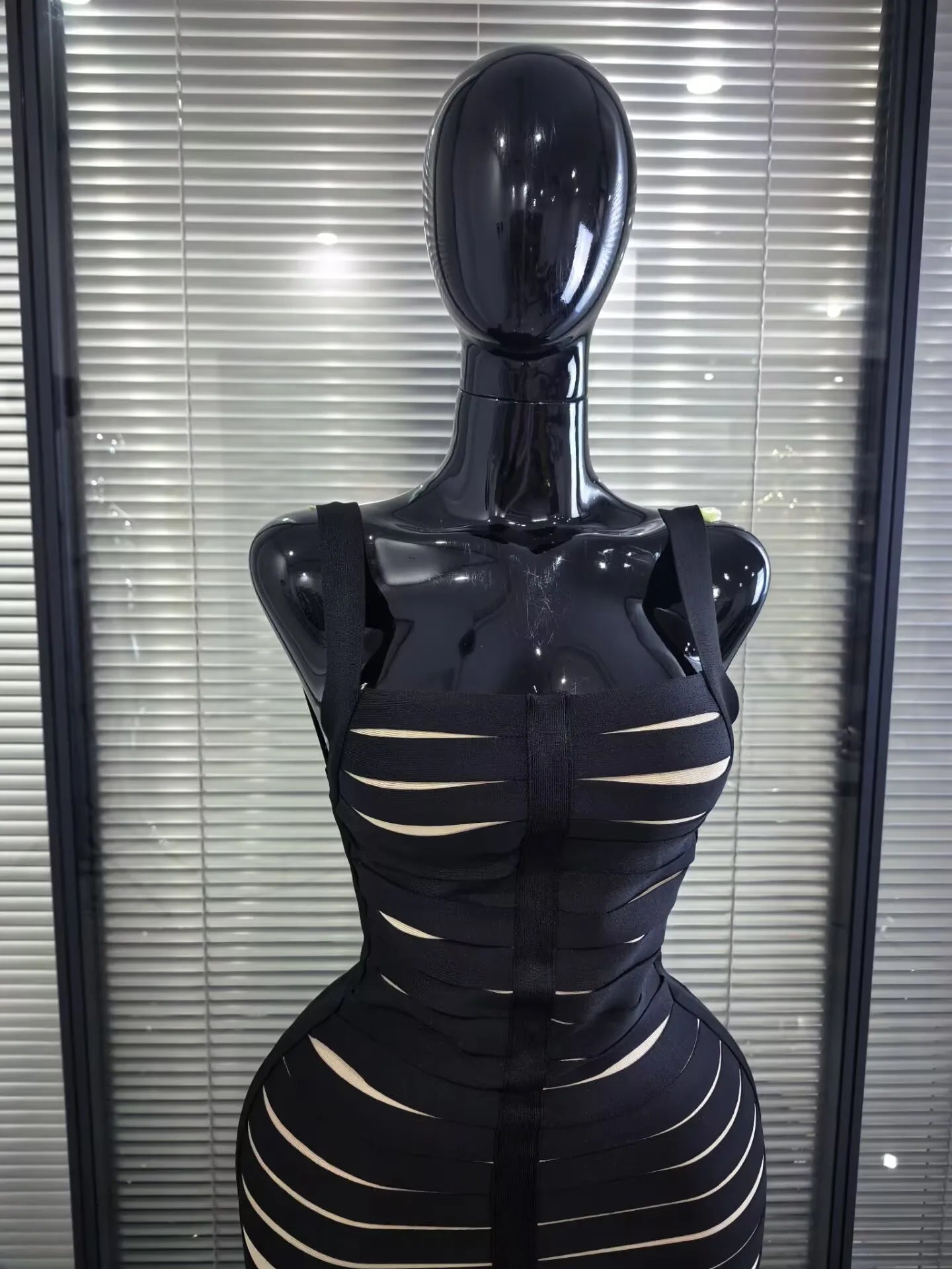 Black Color Women Sleeveless Sexy Square Collar Bodycon Fringes Bandage Long Dress Elegant Evening Party Celebrate Outfit