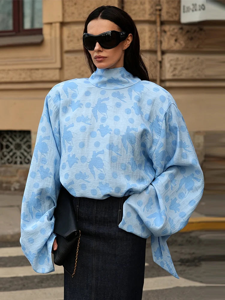 Elegant Printed Long Sleeve Lace Up Collar Blouse for Women