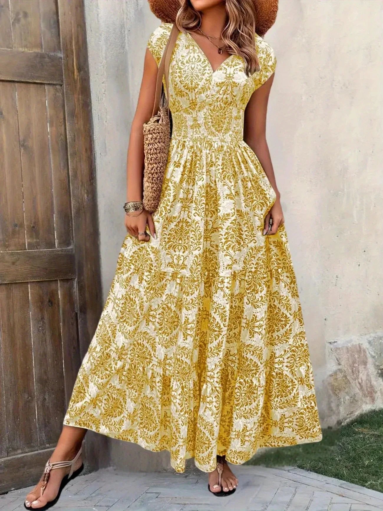 Bohemian Floral Printed V Neck Midi Dress For Women