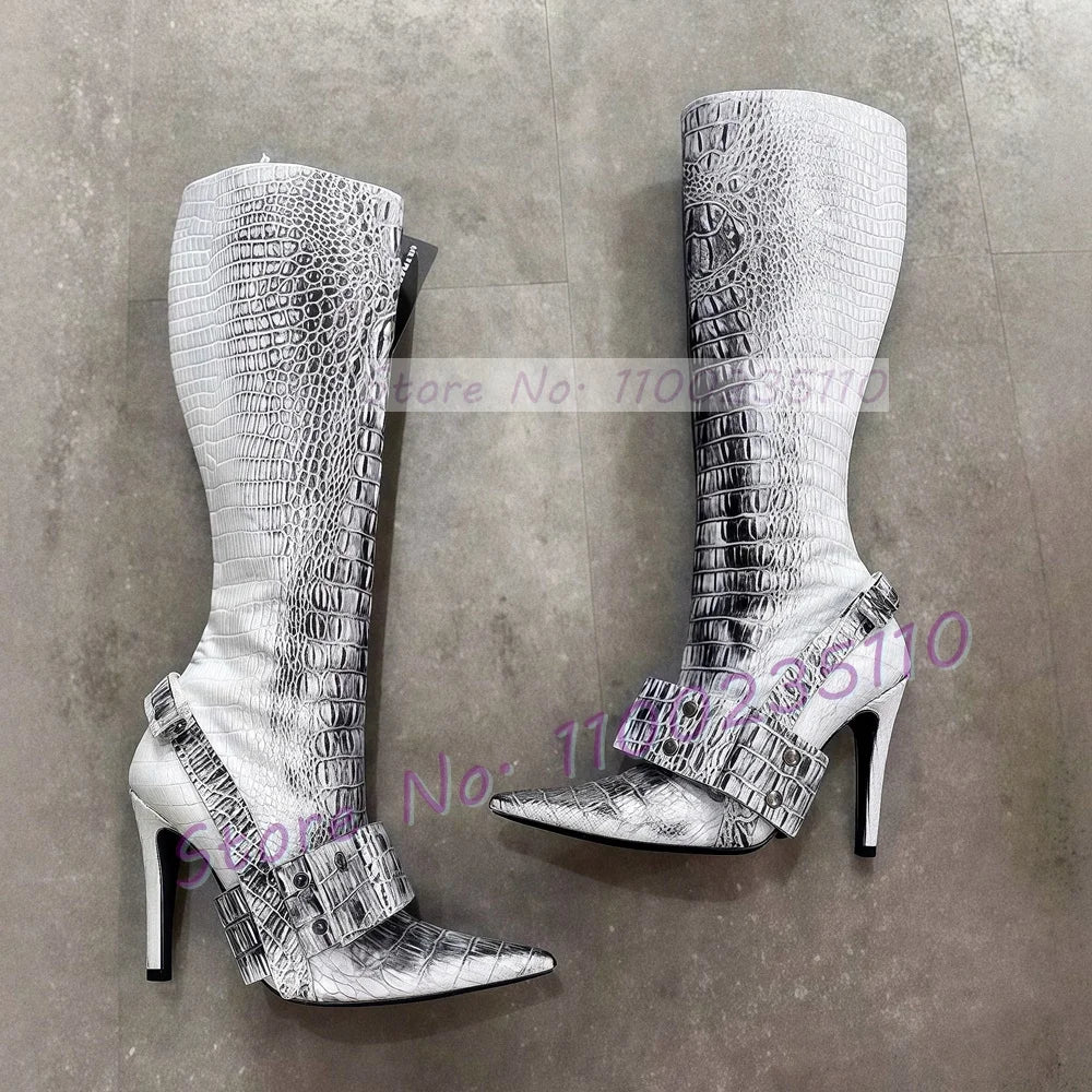 Black And White Gradient Pointy Toe Knee High Boots For Women
