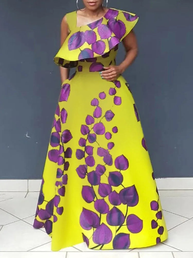 UOOZEE Women's One Shoulder Leaf Printed A-Line Dress 2025 New Sleeveless Asymmetric Collar Elegant Party Evening Maxi Dresses