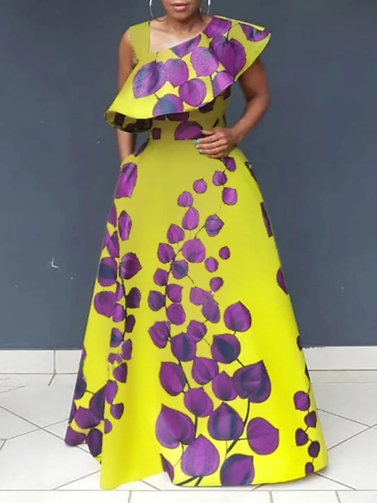 UOOZEE Women's One Shoulder Leaf Printed A-Line Dress 2025 New Sleeveless Asymmetric Collar Elegant Party Evening Maxi Dresses