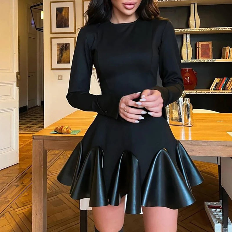 Retro Leather Splice Pleated Long Sleeve Mini Dress for Women