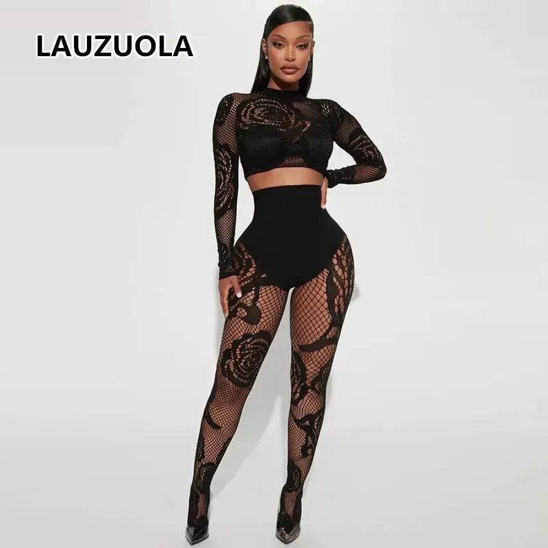 Chic Sheer Mesh Crochet Floral Two Piece Set for Women