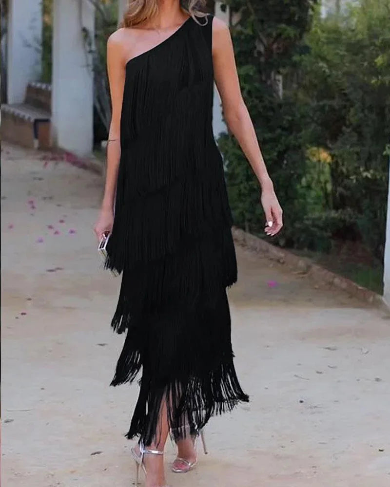 Diagonal Collar Tassel Sleeveless Summer Dress for Women