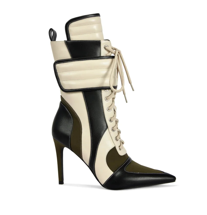 Stiletto Pointy Toe Lace Up Leather Midcalf Boots For Women