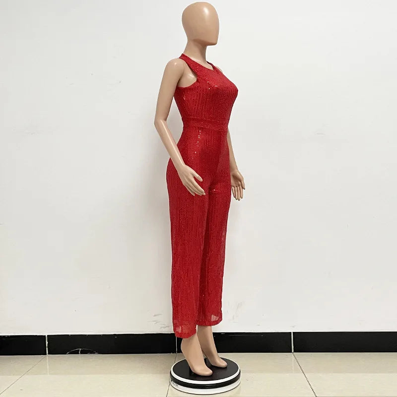 Elegant Silver Sequined Straight Cut Jumpsuit for Women