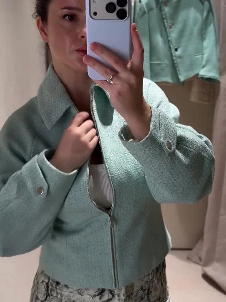 Chic Slim Fit Lapel Zipper Casual Short Coat for Women
