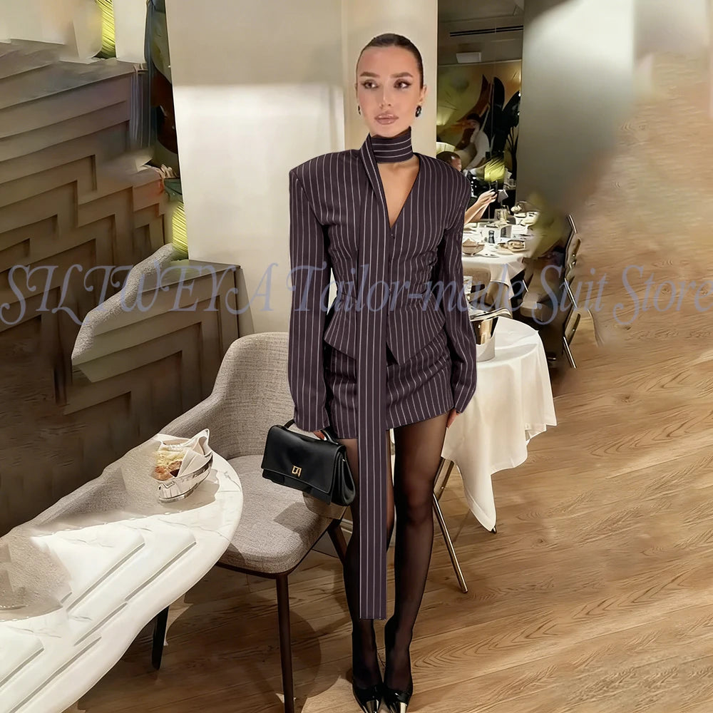 Single Breasted Blue Striped Blazer Skirt Set for Women