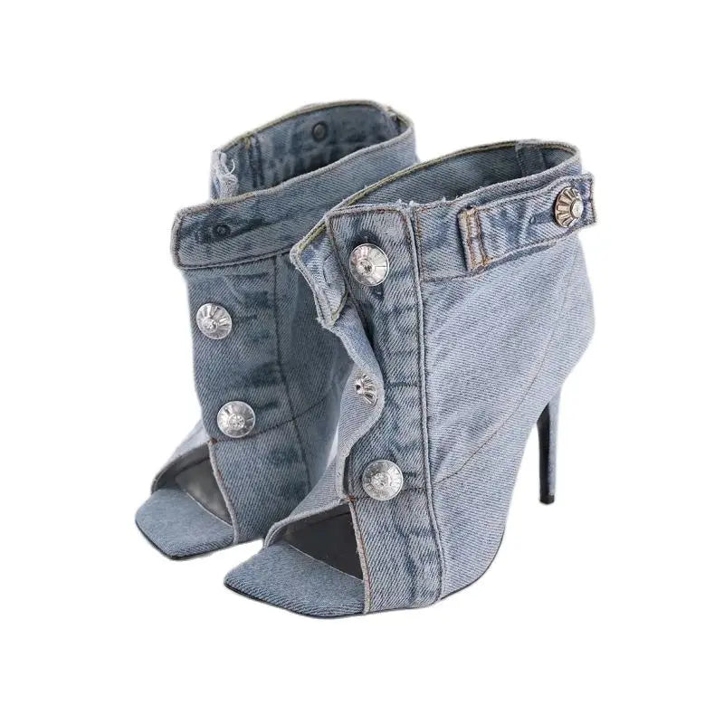 Elegant Denim Look Strappy Peep Toe Stiletto Sandals for Women