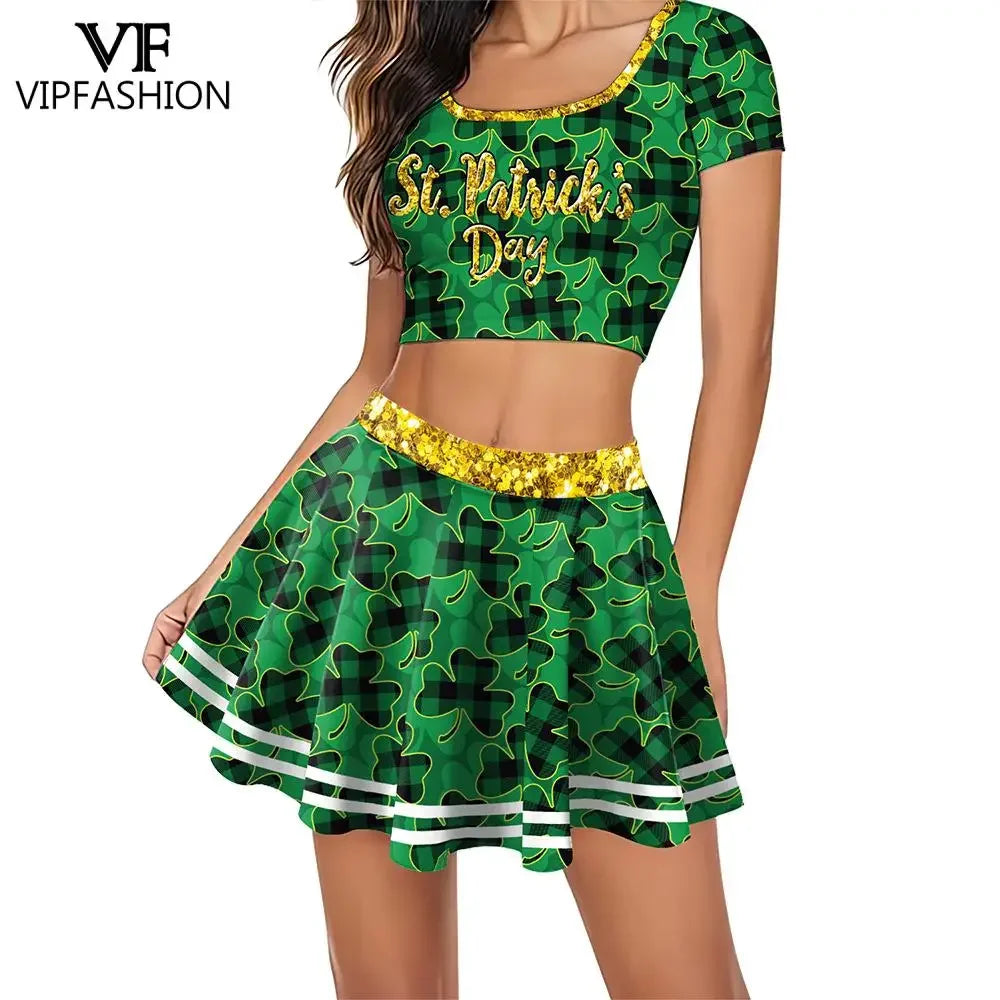 Festive Irish Green Shamrock Plaid Knit Skirt Set for Women