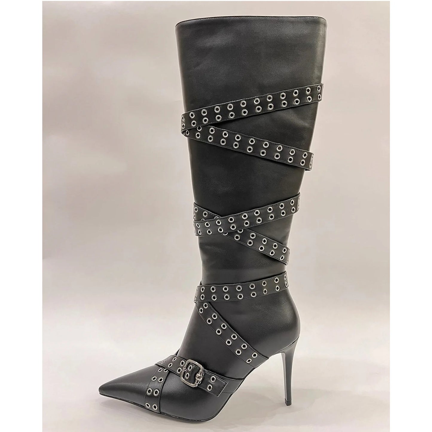 Pointed Toe Belt Buckle Knee High Boots With Thin Heels For Women