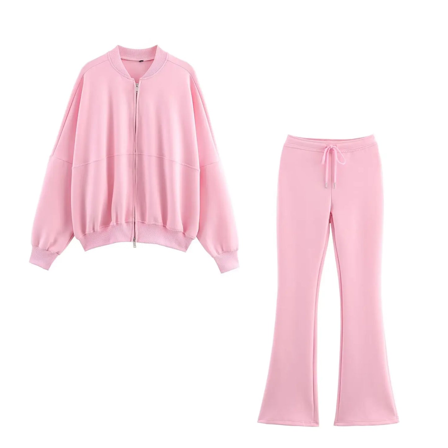 Solid Color Pilot Jacket and Lace-Up Flared Pants Two-Piece Set for Women