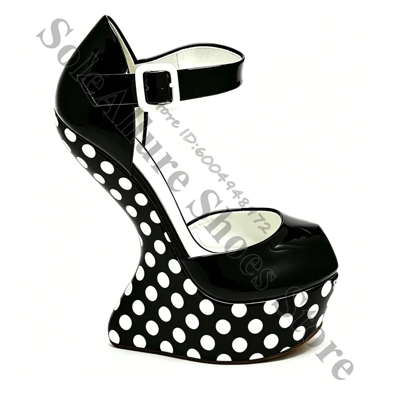 Glossy Polka Dot Buckle Strap Wedge Platform Sandals For Women