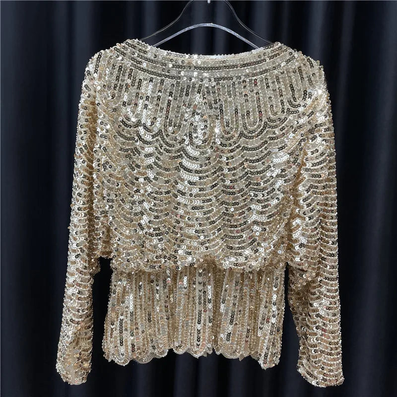 Ladies New Heavy Handmade Bling Beaded Sequins Batwing Sleeve Top Slimming Oversized Blouse Elegant Nightclub Pullover Shirts