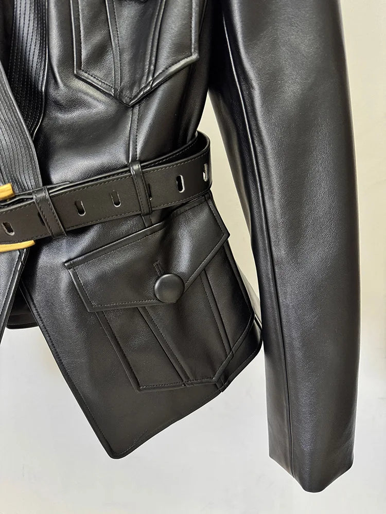 Slim Fit Faux Leather Motorcycle Jacket With Pockets for Women