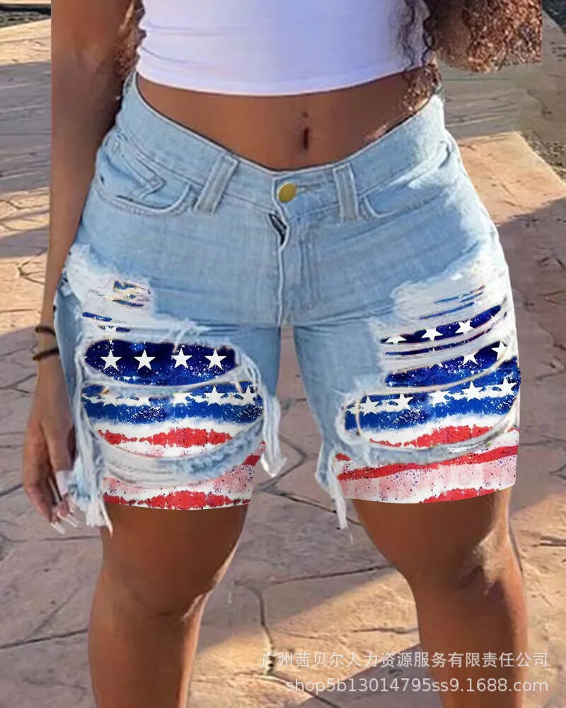 Casual Slim Knee Length Patchwork Denim Shorts for Women