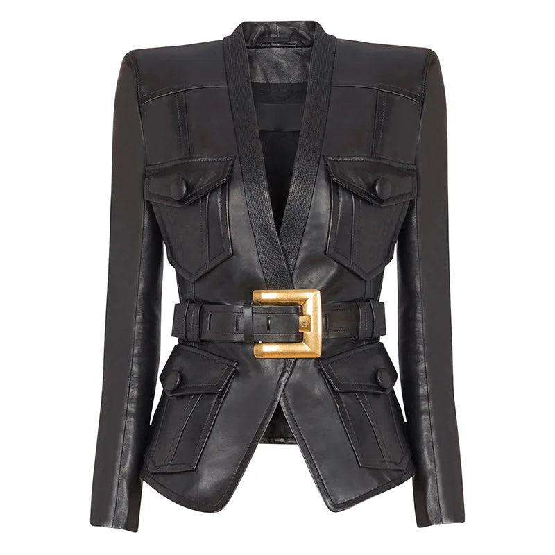 Slim Fit Faux Leather Motorcycle Jacket With Pockets for Women