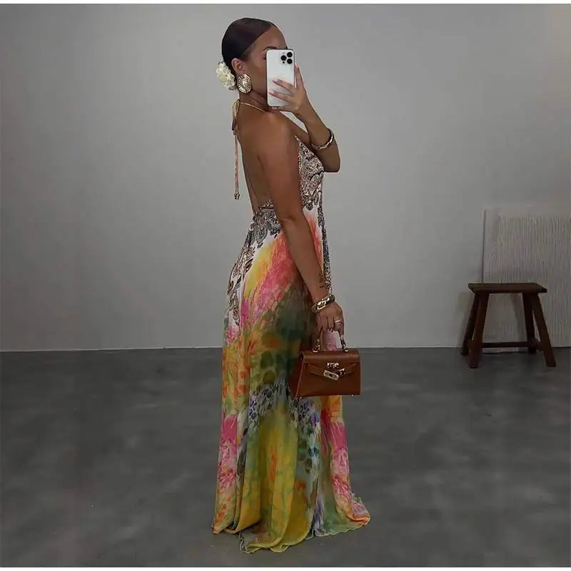 Beach Print Halter Neck Backless Long Dress for Women