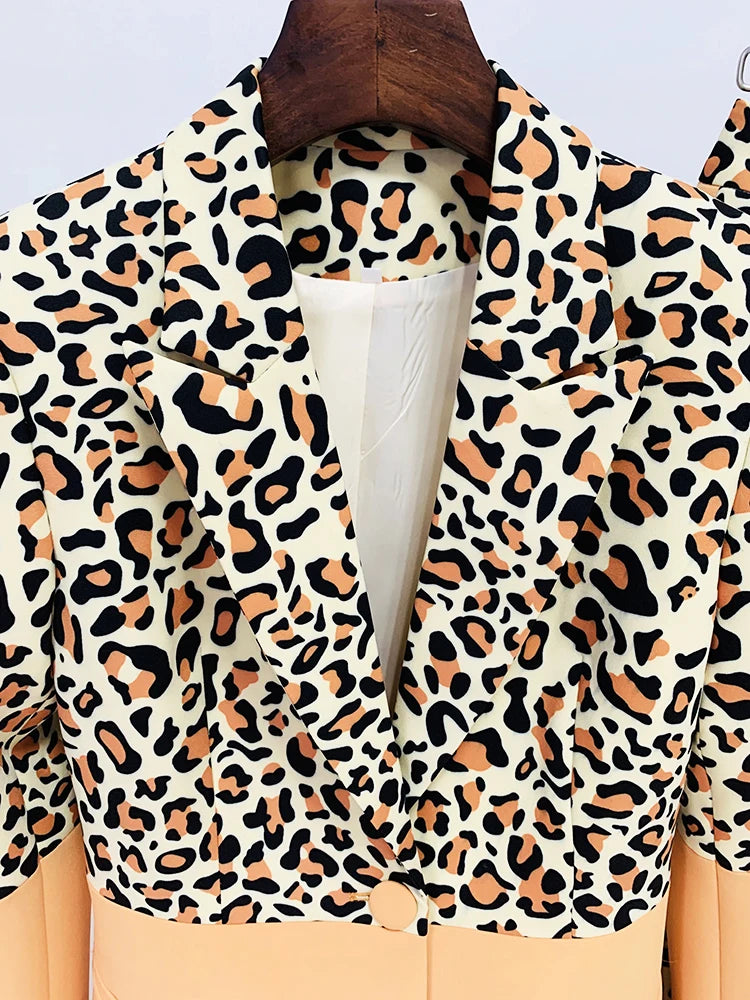 HIGH STREET Newest Fashion 2026 Designer Suit Set Women's Single Button Leopard Printed Color Block Blazer Flare Pants Suit