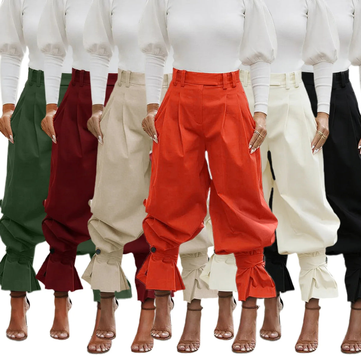 Ruched Stretch Wide Leg Casual Work Trousers for Women