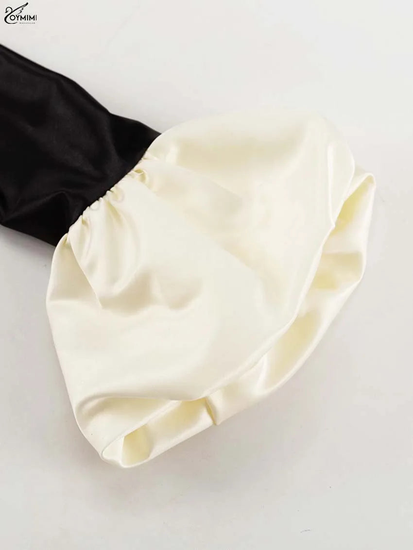 Oymimi Fashion Black Satin 2 Piece Sets Woman Outfits Elegant Long Sleeve Patchwork Zipper Crop Tops And Pleated Mini Skirts Set