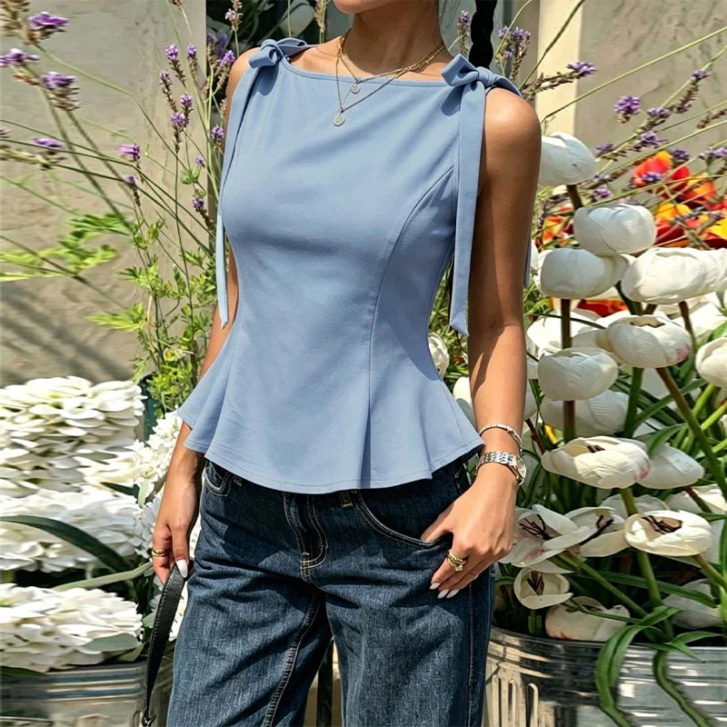Lace Up Bow Detail Round Neck Sleeveless Top For Women