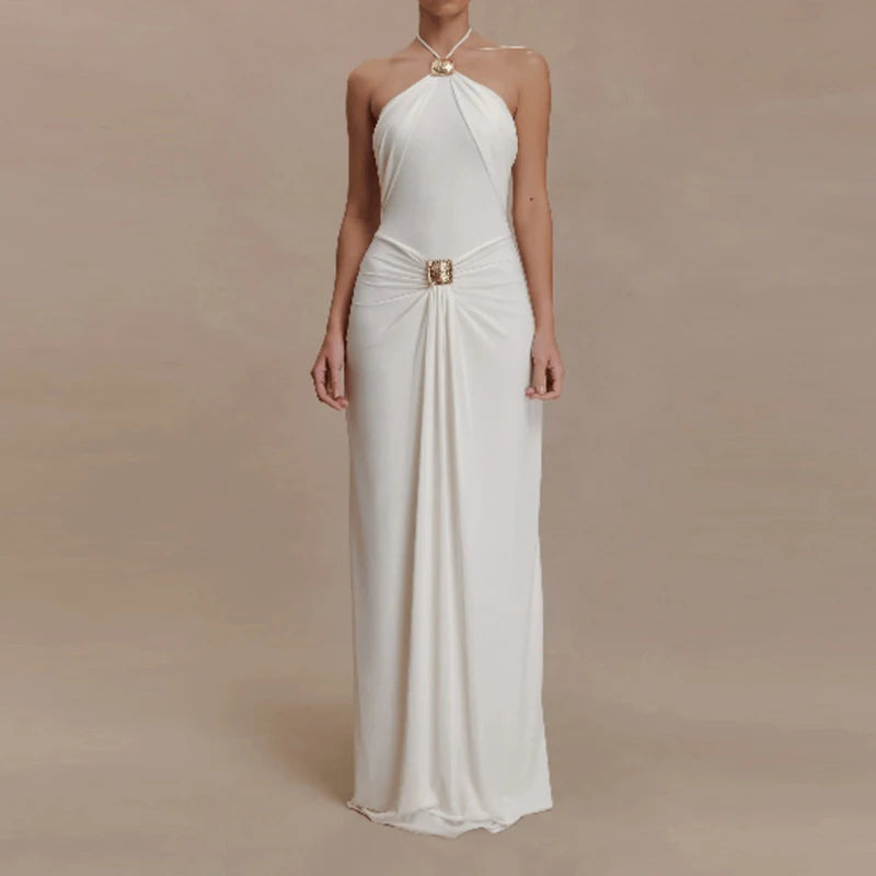Elegant Sleeveless Draped Halter Evening Dress for Women