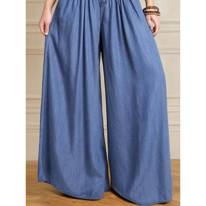 Women's Imitation Denim High Waist Wide Leg Palazzo Pants 2026 New Spring Fashion Pleated Casual Streetwear Y2K Style Trousers