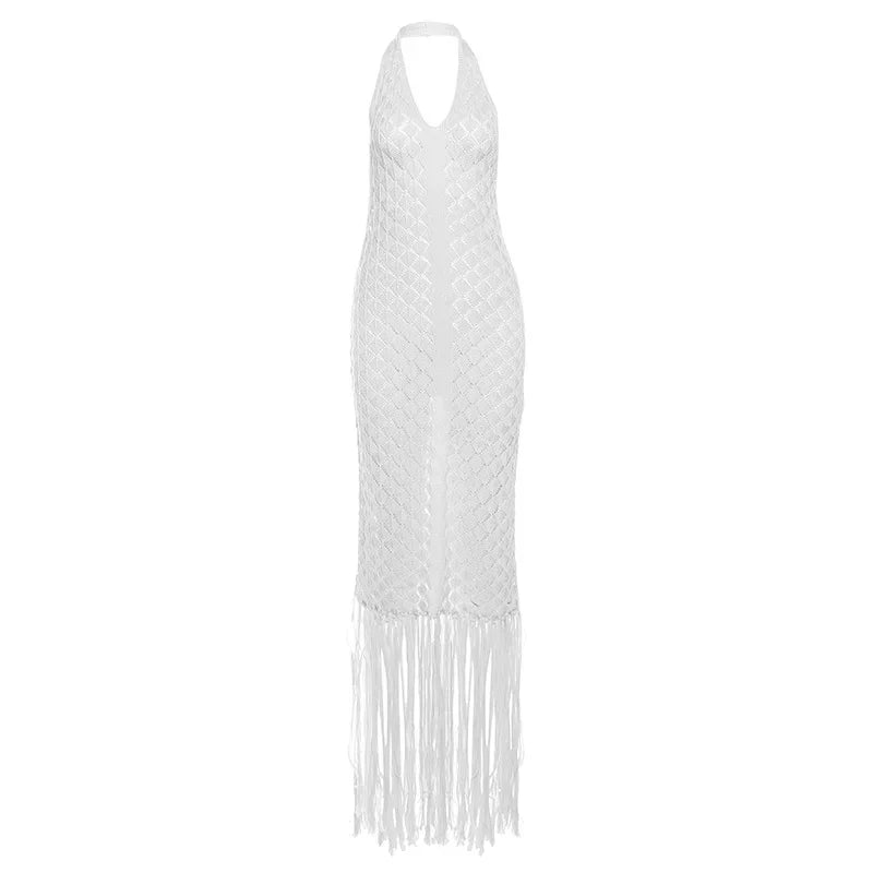 Elegant See Through Crochet Tassel Halter Dress for Women