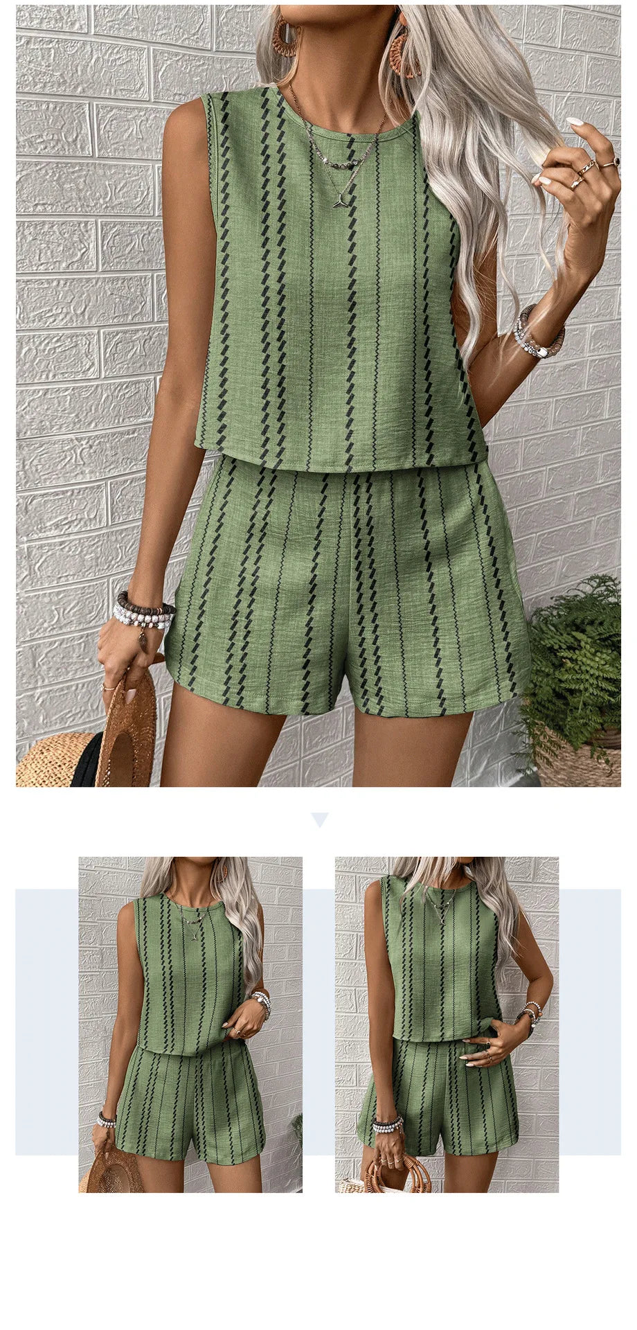 Vertical Striped Crop Top And Shorts Two Piece Set for Women