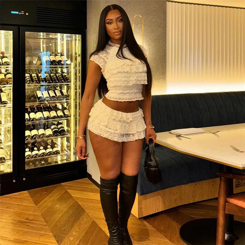 Two Piece Women Crop Top And Mini Skirt Matching Set 2024 New Summer Fashion Sexy White Lace Ruffle Ruched Skirts Outfits