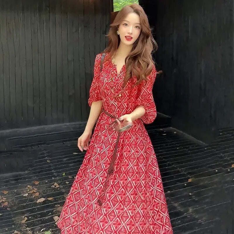 Loose Fit Vacation Style Floral Midi Dress for Women