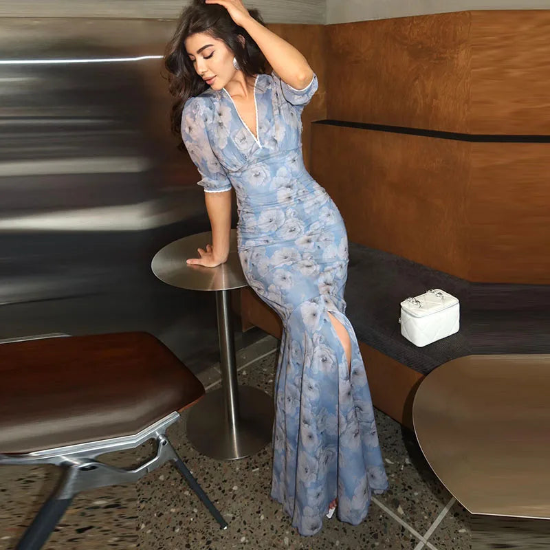 Elegant Print Pleated Puff Sleeve V Neck Long Dress for Women
