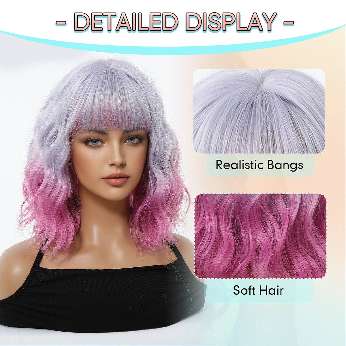 Pink Purple Ombre Curly Synthetic Wig With Bangs for Women