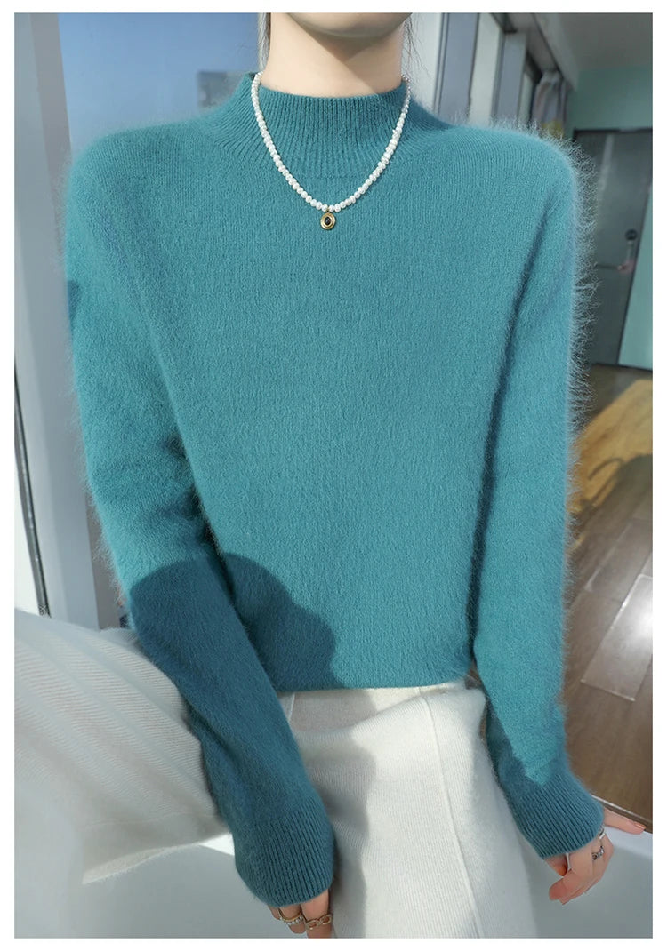 Loose Cashmere Knit Half High Neck Pullover Sweater for Women